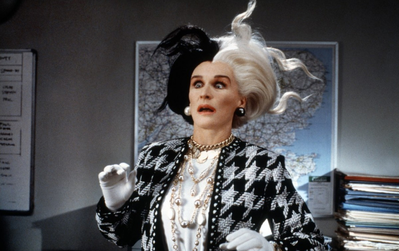 Glenn Close chewing scenery in grand style as Cruella De Ville in 101 Dalmatians (1996)