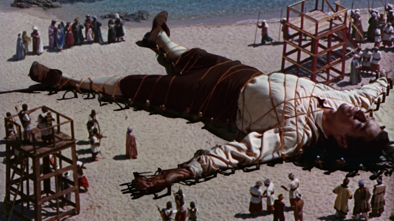 Lemuel Gulliver (Kerwin Mathews) imprisoned in the land of Lilliput in The 3 Worlds of Gulliver (1960)