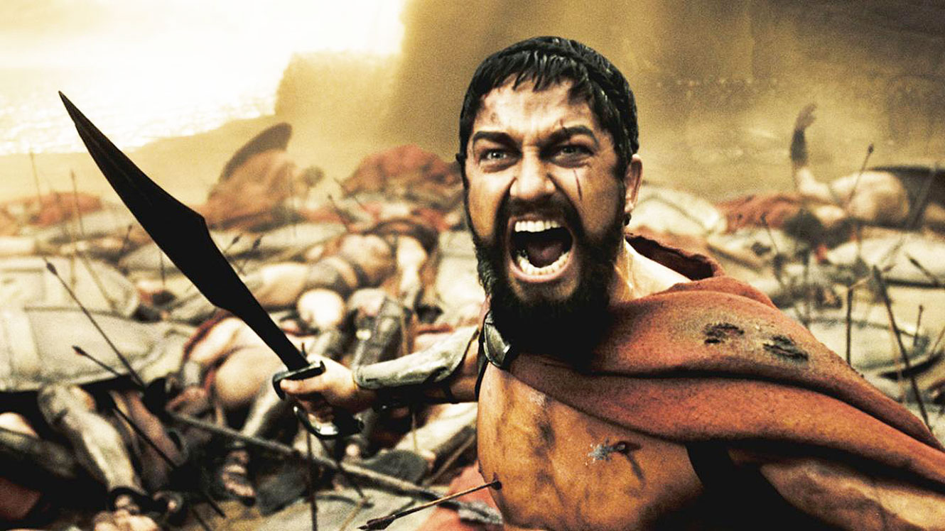 King Leonidas (Gerard Butler) in the heat of battle in 300 (2007)