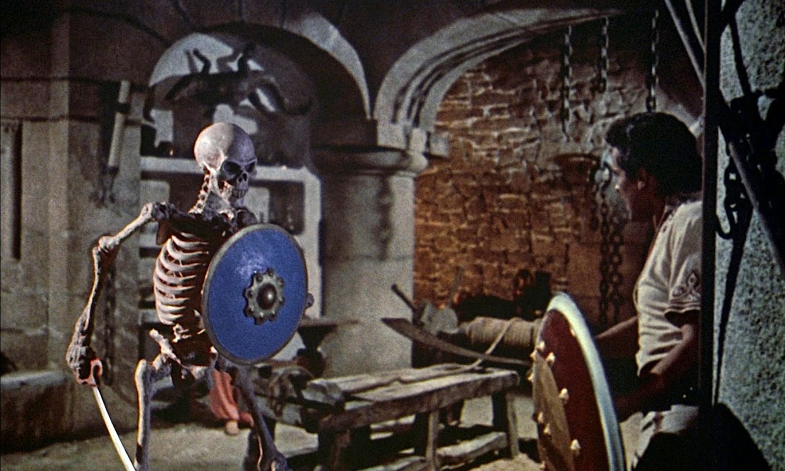 Sinbad (Kerwin Mathews) fights off the reanimated skeleton in The 7th Voyage of Sinbad (1958)