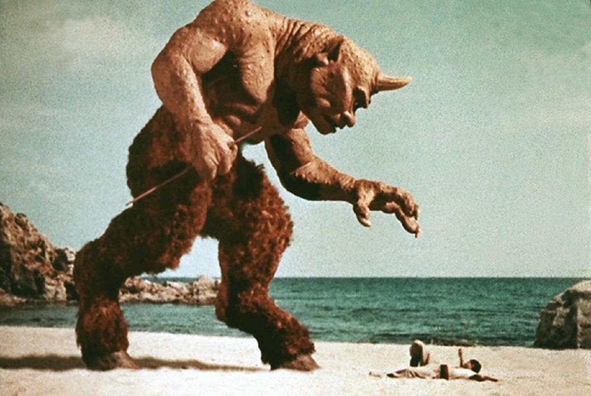 The attacks by the cyclops in The 7th Voyage of Sinbad (1958), Ray Harryhausen's stop motion animated creation