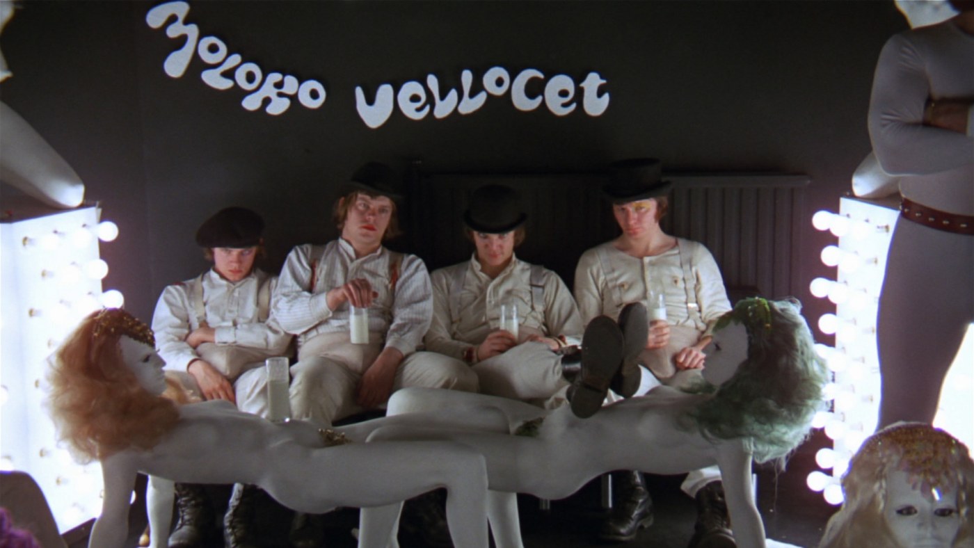 Alex (Malcolm McDowell) and the droogs at the Korova Milk Bar in A Clockwork Orange (1971) 2