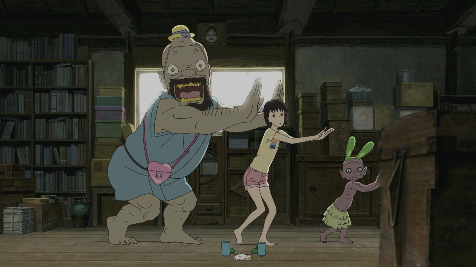 Momo dances with the goblins Iwa and Mame in A Letter to Momo (2011)