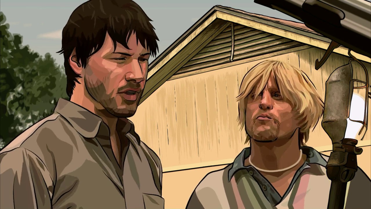 An animated Keanu Reeves and Woody Harrelson in A Scanner Darkly (2006)