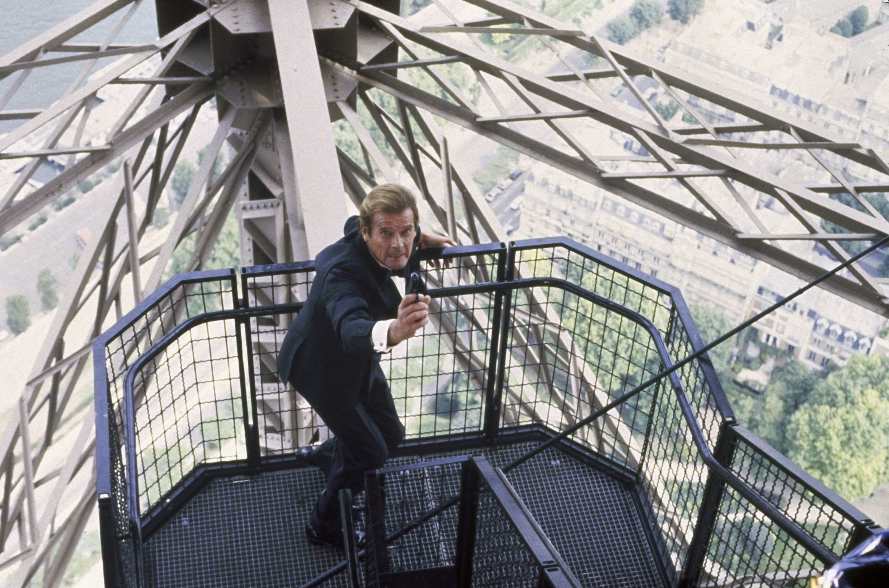 Roger Moore in his final outing as James Bond at the Eiffel Tower in A View to a Kill (1985)