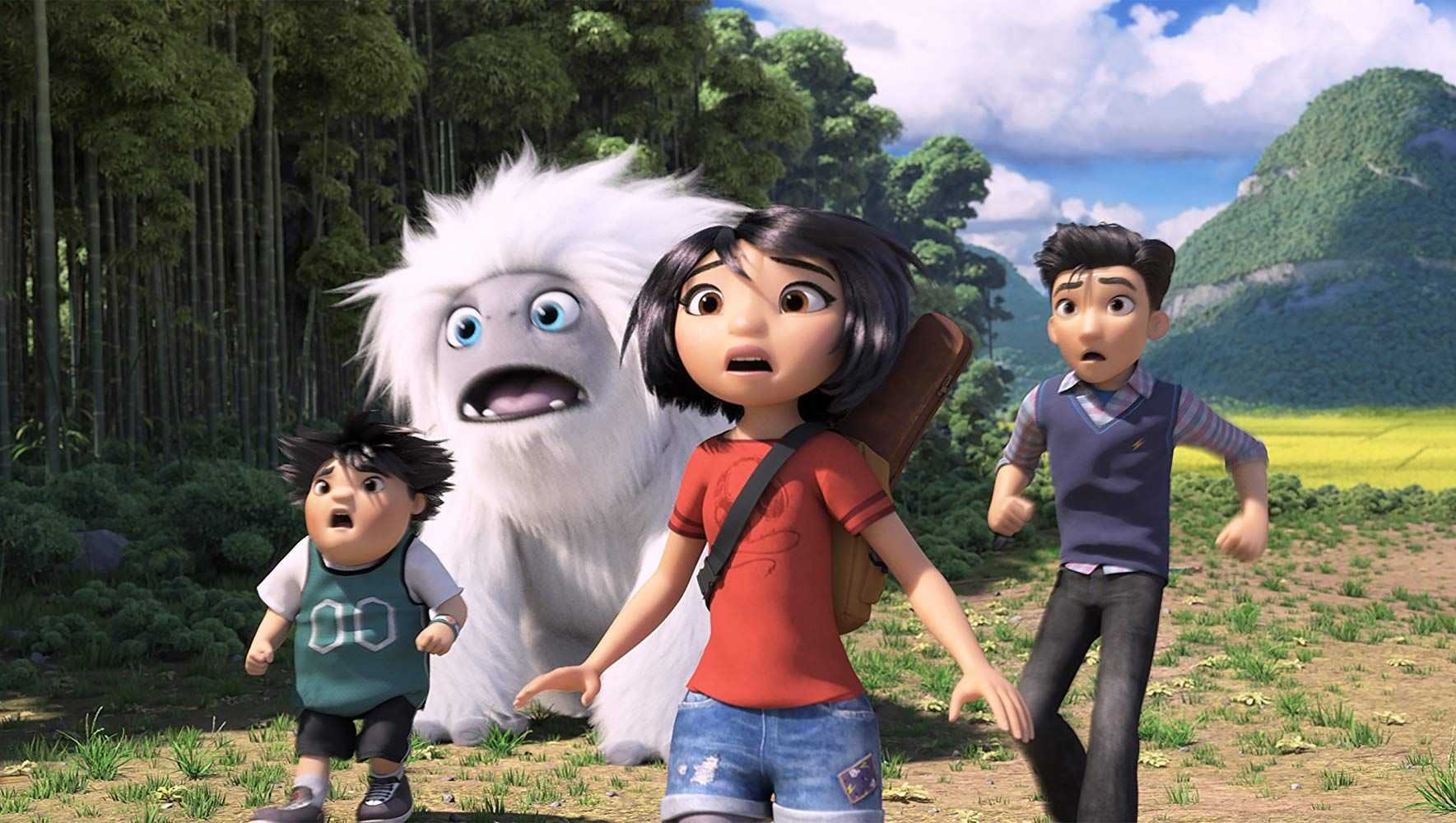 (l to r) Peng, Everest the Yei, Yi and Jin on their journey across China in Abominable (2019)