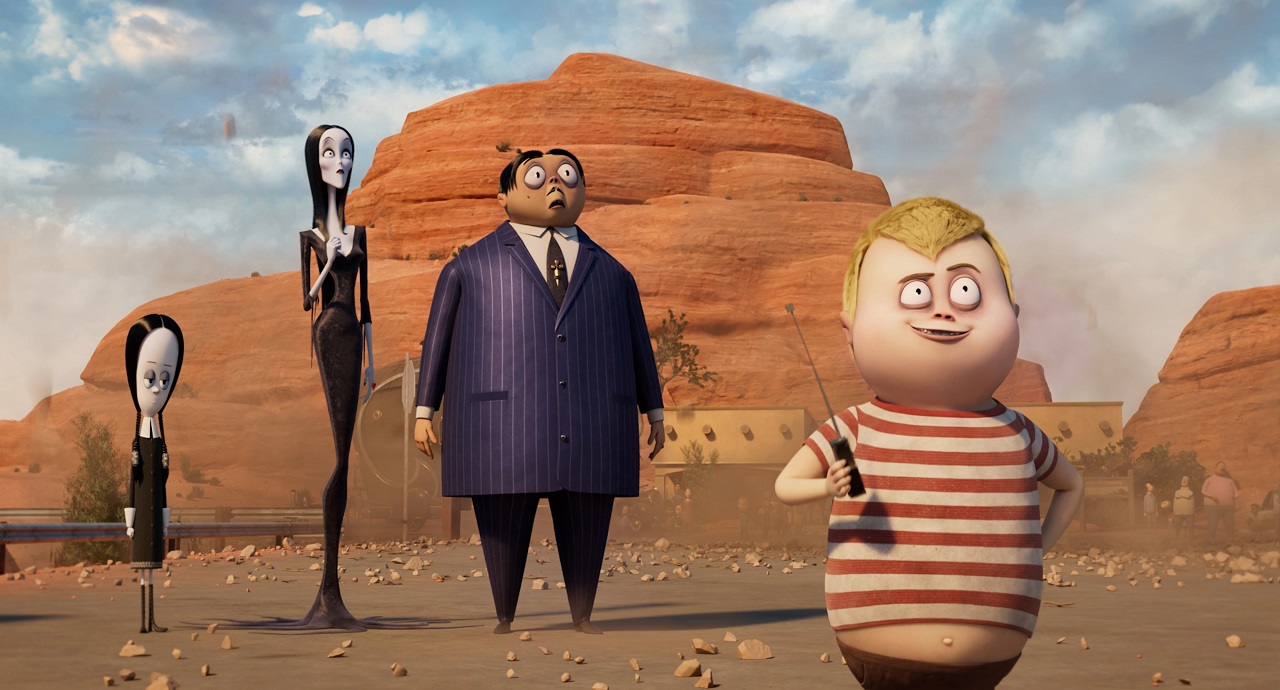 Wednesday (voiced by Chloe Grace Moretz), Morticia (voiced by Charlize Theron), Gomez (voiced by Oscar Isaac) and Pugsley (voiced by Javon “Wanna” Walton) at the Grand Canyon in Addams Family 2 (2021)