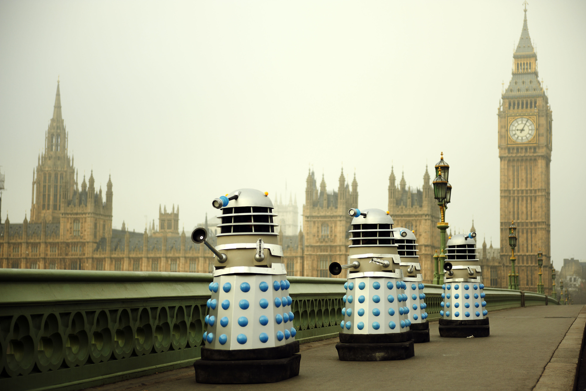 Recreation of the scene with The Daleks passing before the Houses of Parliament in An Adventure in Space and Time (2013)