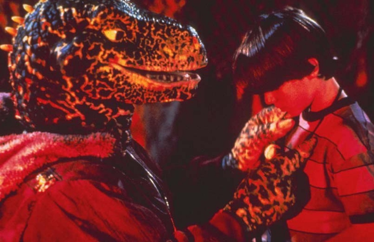 Omri Katz and dinosaur friend in Adventures in Dinosaur City (1991)