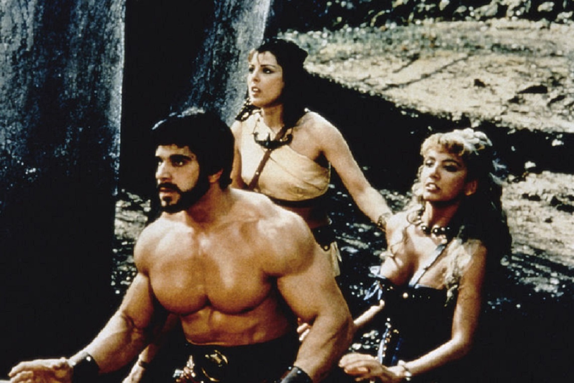 (l to r) Hercules (Lou Ferrigno), Sonia Viviani and Milly Carlucci in The Adventures of Hercules (1985)