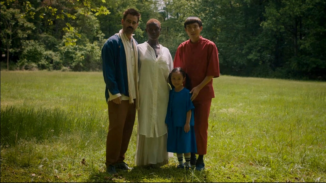 Husband Colin Farrell, wife Jodie Turner-Smith, daughter Mika (Malea Emma Tjandrawdjaj) and Yang (Justin H. Min) in After Yang (2021)