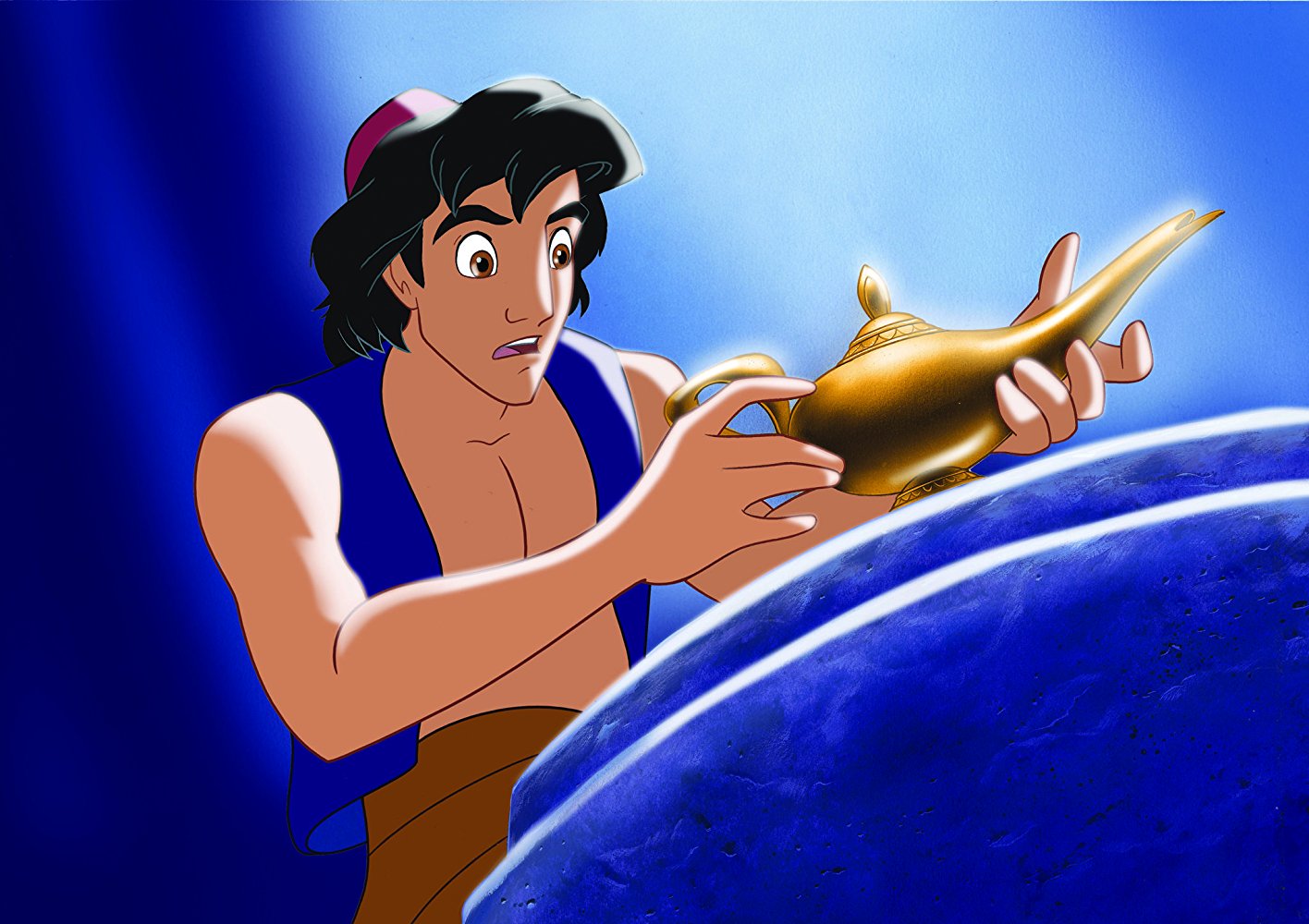 Aladdin (voiced by Scott Weinger) picks up the lamp in Aladdin (1992)