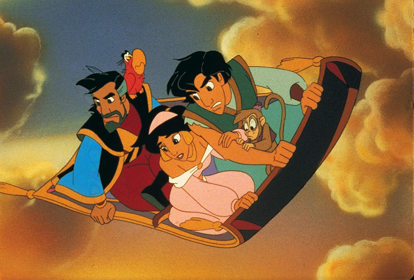 (l to r) Aladdin's father Kassim (voiced by John Rhys-Davies), Iago the parrot (voiced by Gilbert Gottfried), Jasmine (voiced by Linda Larkin), Aladdin (voiced by Scott Weinger) and Abu the monkey in Aladdin and the King of Thieves (1996)