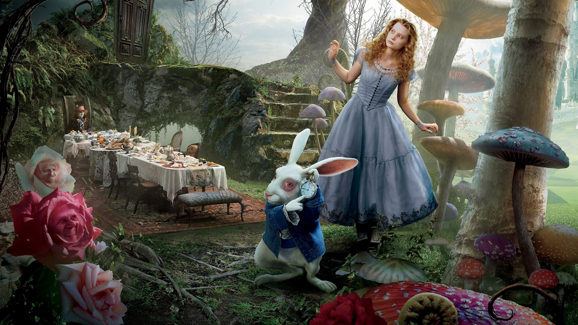 Alice (Mia Wasikoska) and the White Rabbit arrive for the Mad Hatter's tea party in Alice in Wonderland (2010)