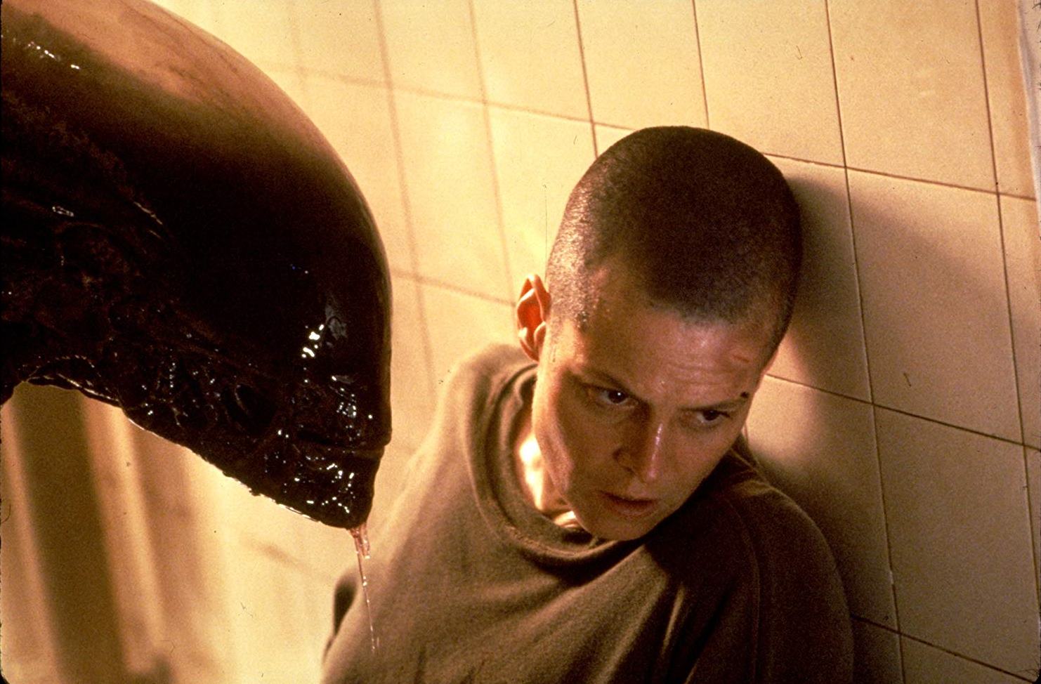 Ripley (Sigourney Weaver) face to face with her alien nemesis again in Alien3 (1992)