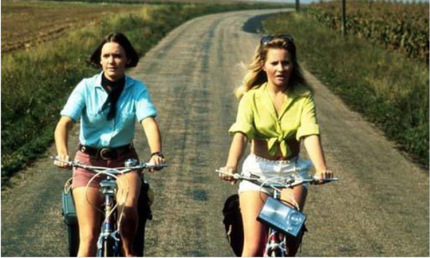 Two friends Pamela Franklin and Michele Dotrice on a cycling tour of the French countryside in And Soon the Darkness (1970)