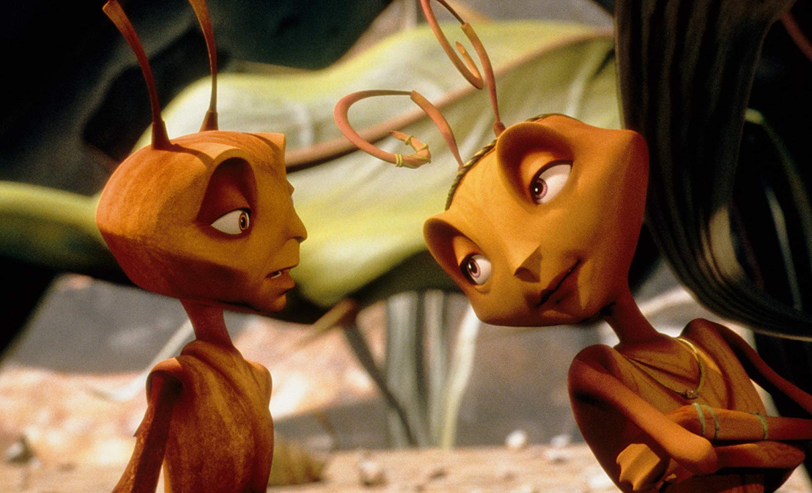 (l to r) The dissatisfied drone ant Z (voiced by Woody Allen) and the Princess Bala (voiced by Sharon Stone) in Antz (1998)