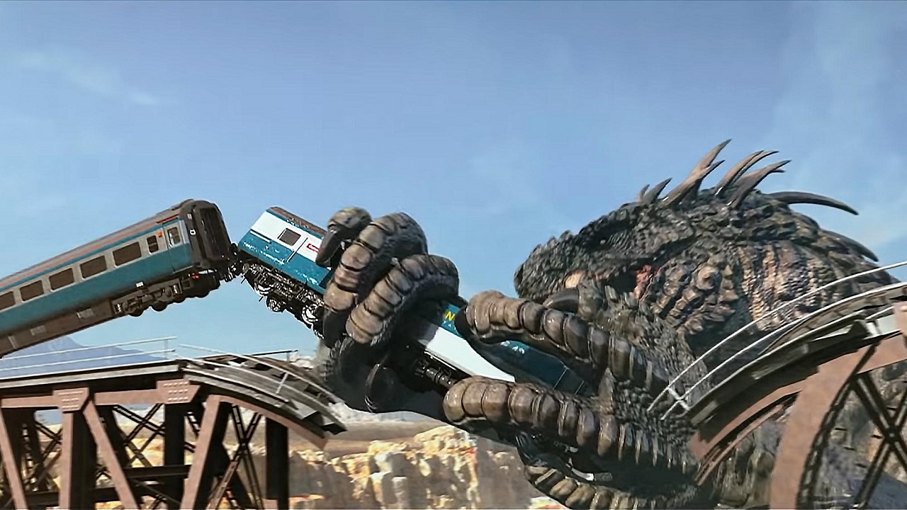 The giant gila devours a train in Ape vs. Monster (2021)