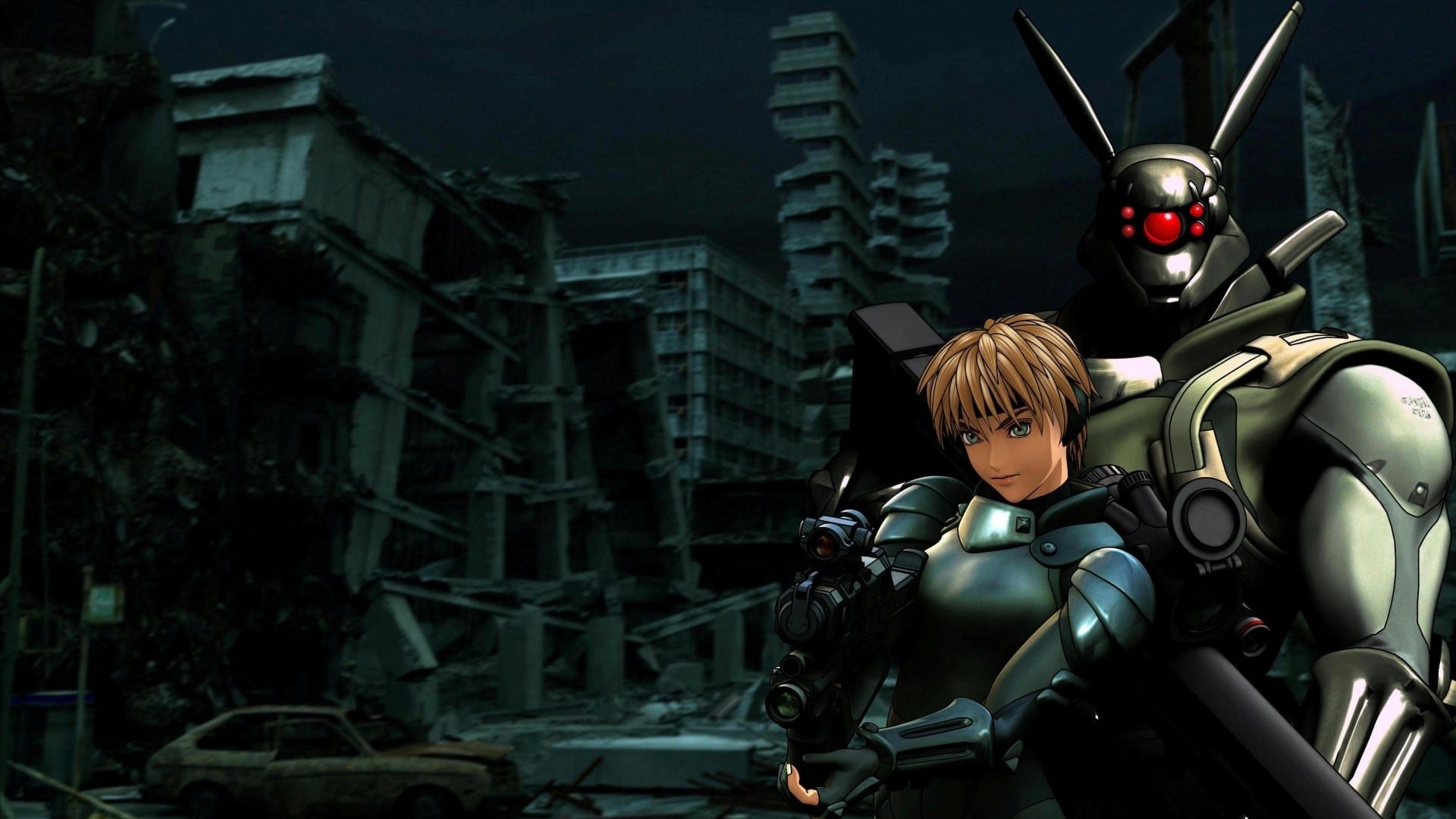 Deunan Knute and her cyborg companion Briareos Hecatonchires in Appleseed (2004)