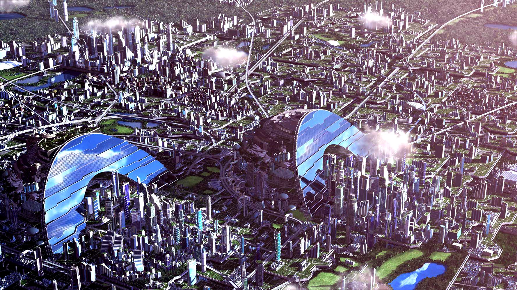 The stunning photorealistic designs for Olympus, the city of the future in Appleseed (2004)