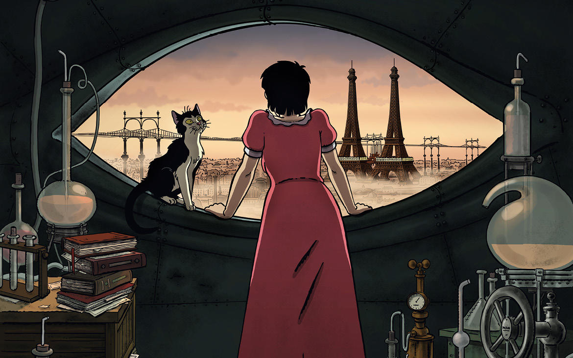 April and her cat Darwin in the alternate history Steampunk world of Paris in April and the Extraordinary World (2015)