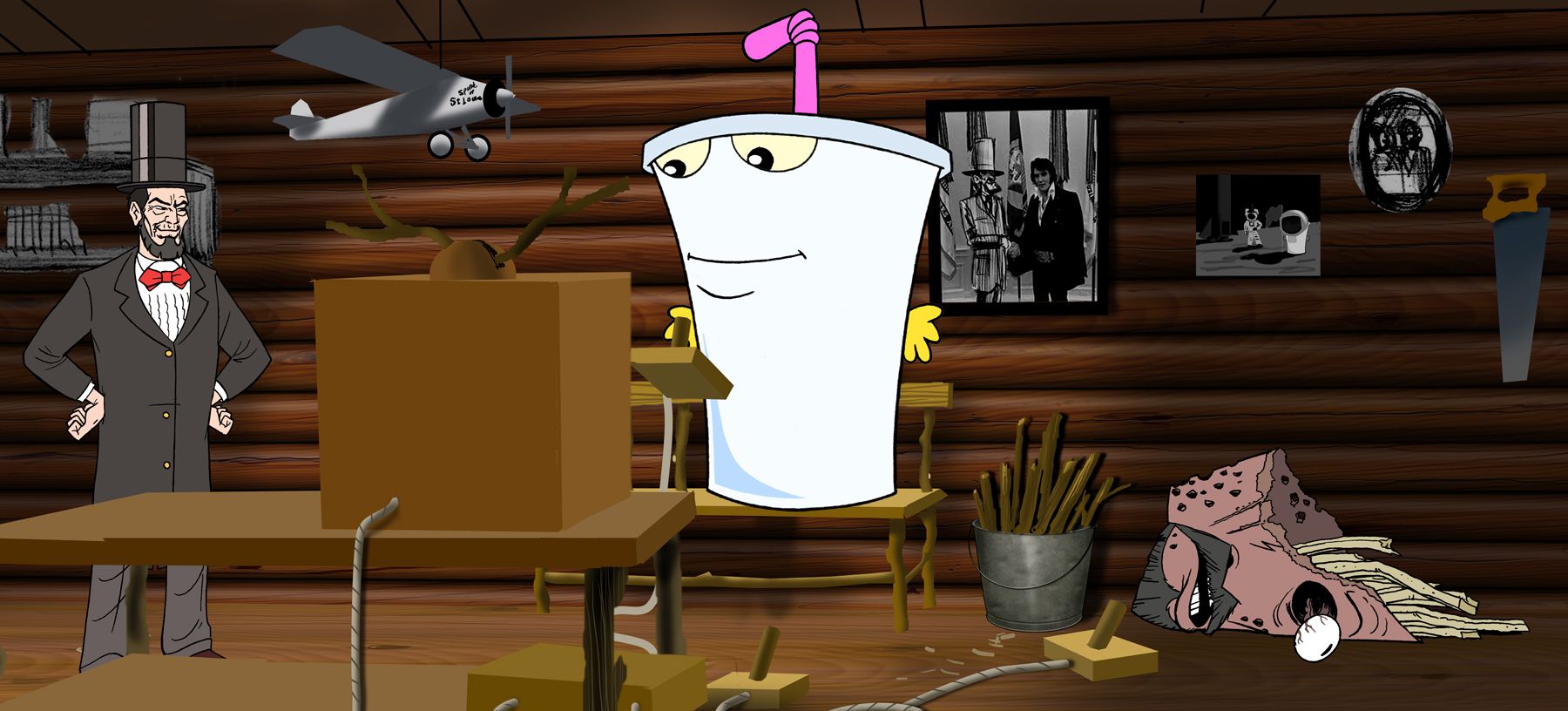 (l to r) A time-travelling Abraham Lincoln, the milkshake Master Shake and the packet of French Fries Frylock in Aqua Teen Hunger Force Colon Movie Film for Theaters (2007)