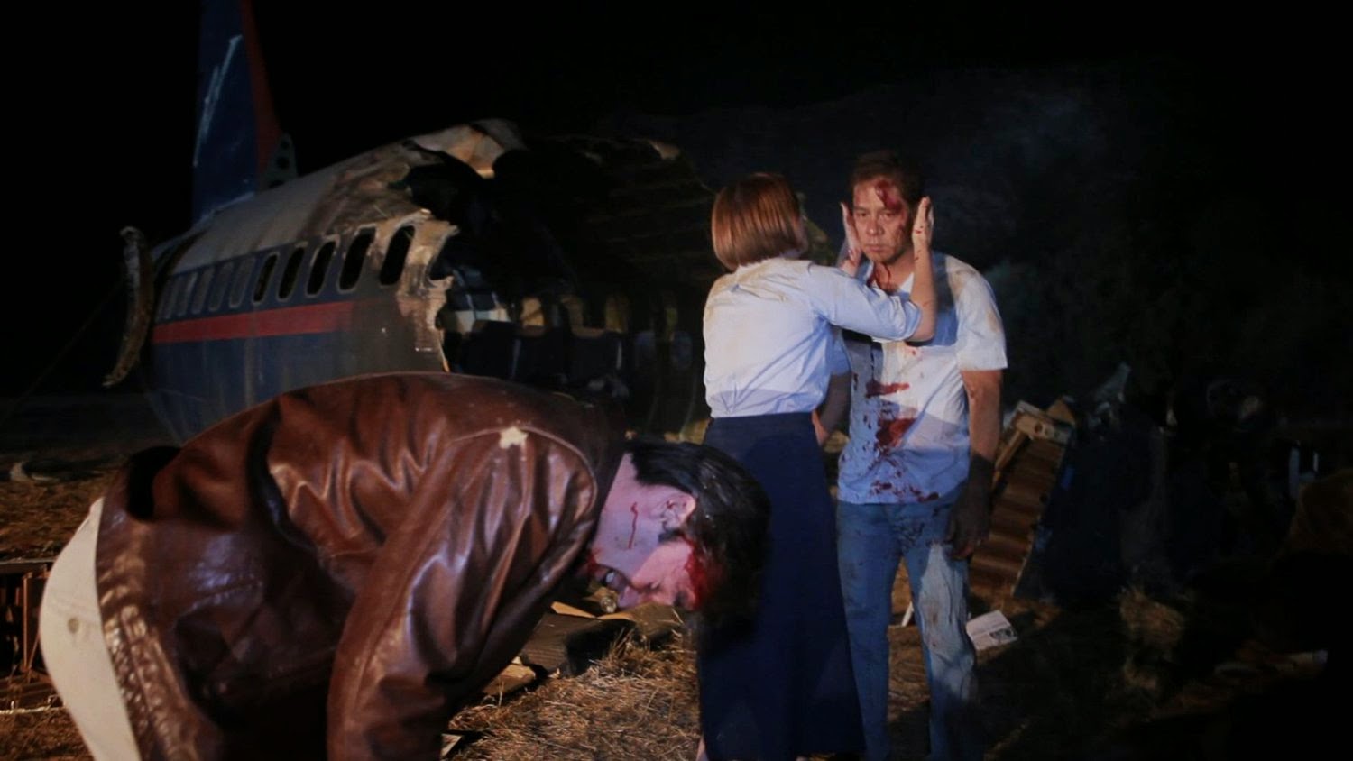 The aftermath of a plane crash - (l to r) Ken Garcia, Samantha Sloyan and James Lyons in Area 407 (2012)