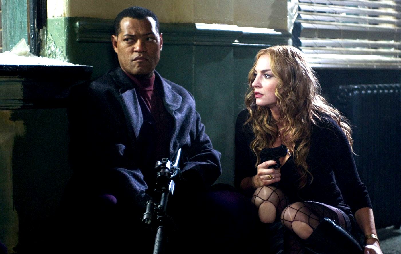 Crime kingpin Laurence Fishburne and secretary Drea De Matteo under siege in Assault on Precinct 13 (2005)