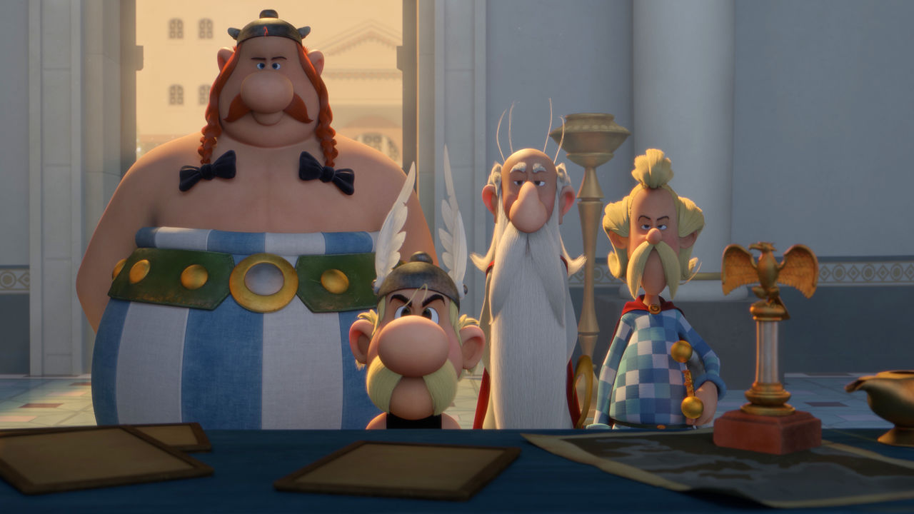 (l to r) Obelix, Asterix, Getafix and Cacofinix in Asterix: The Mansion of the Gods (2014)
