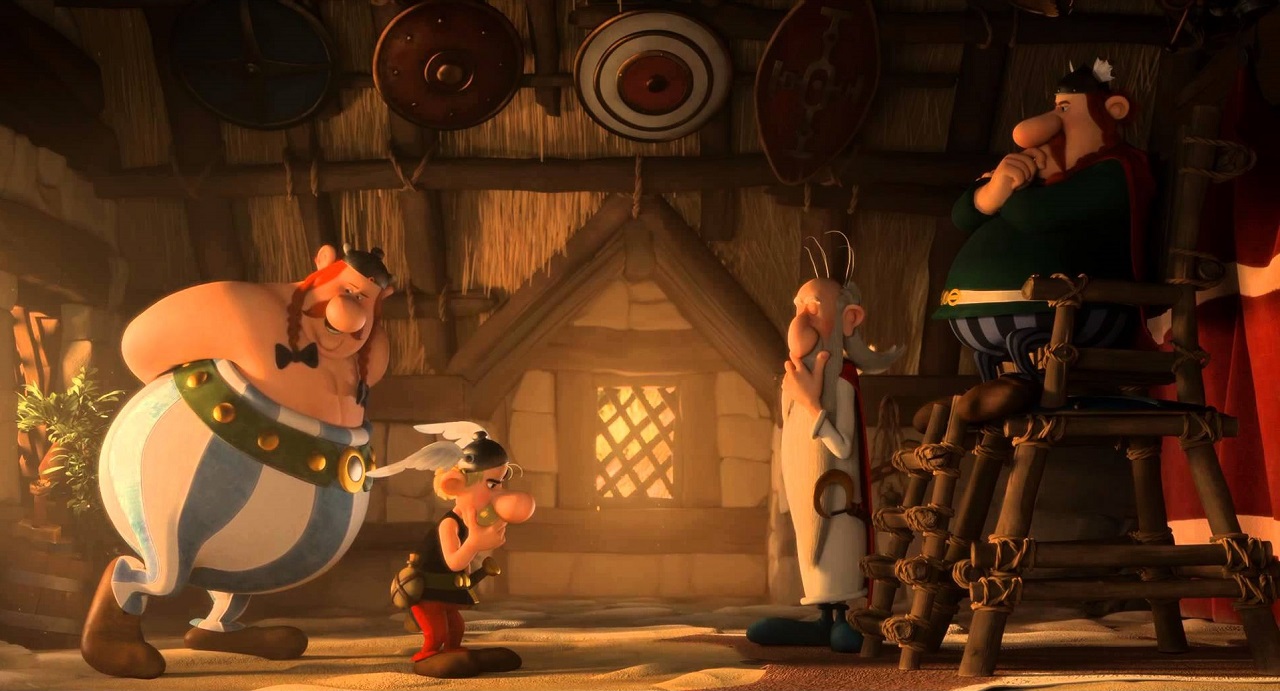 Obelix, Asterix, Getafix and Chief Vitalstatistix in Asterix: The Secret of the Magic Potion (2018)