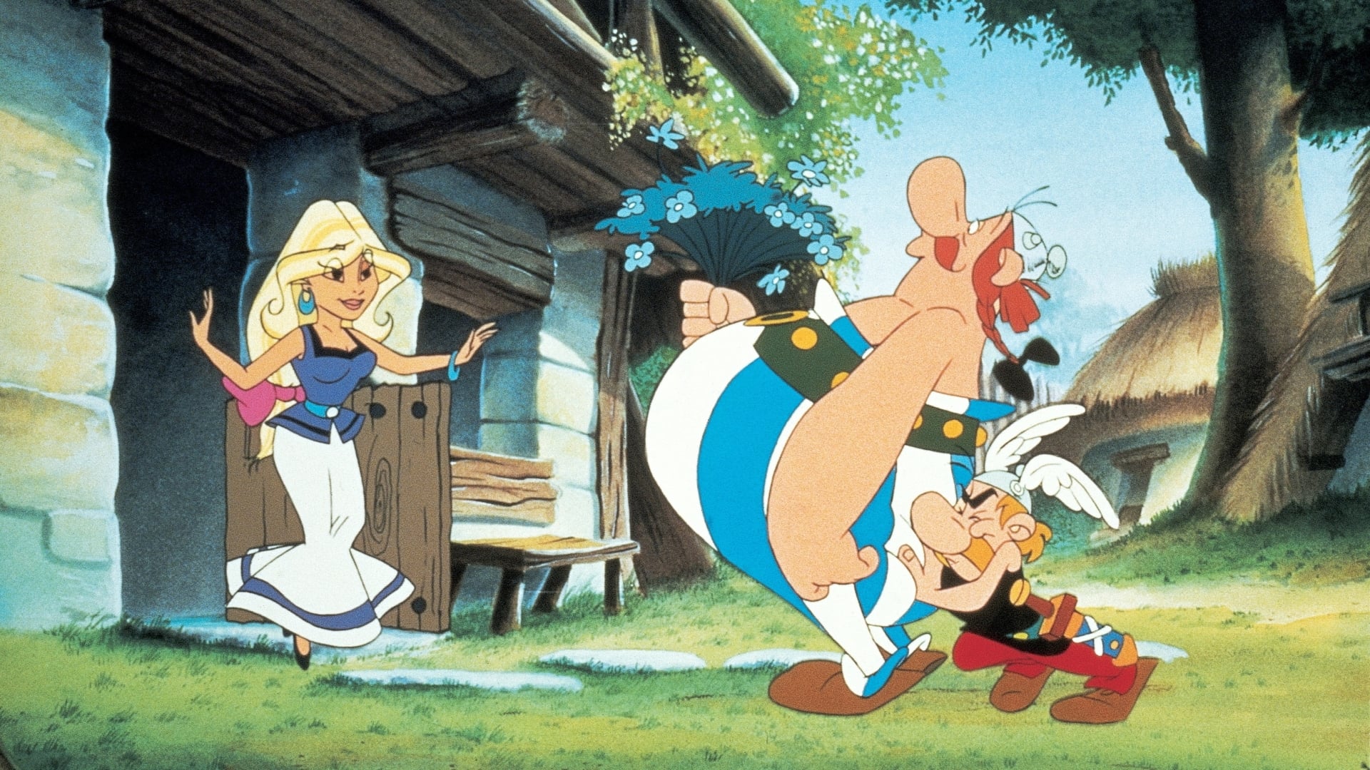 Asterix pushes Obelix towards Panacea, the object of his affections in Asterix vs Caesar (1985)