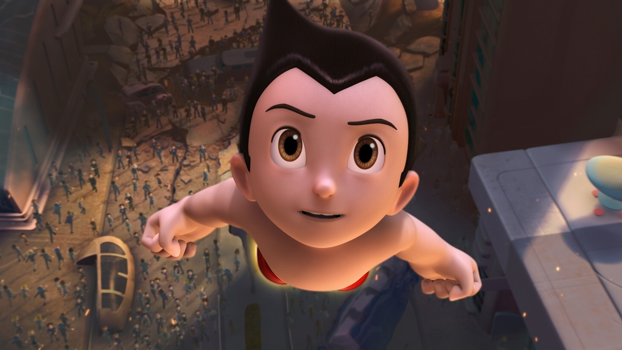 Astro Boy (voiced by Freddie Highmore) flies into action in Astro Boy (2009)