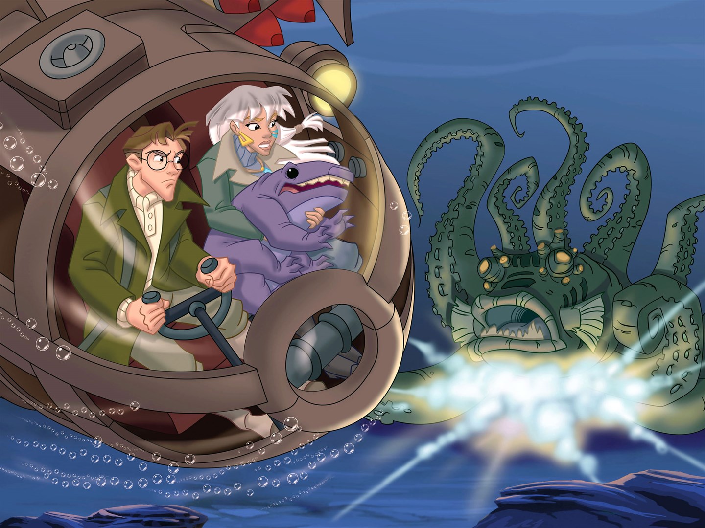 Milo (voiced by James Taylor) and Kida (voiced by Cree Summer) encounter The Kraken in Atlantis: Milo's Return (2003)