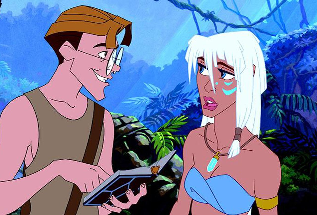 Milo (voiced by Michael J. Fox) tries to converse with Atlantean girl Kida (voiced by Cree Summer) in Atlantis: The Lost Empire (2001)