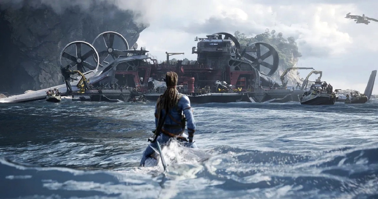The humans arrive aboard the hydrofoil in Avatar: The Way of Water (2022)