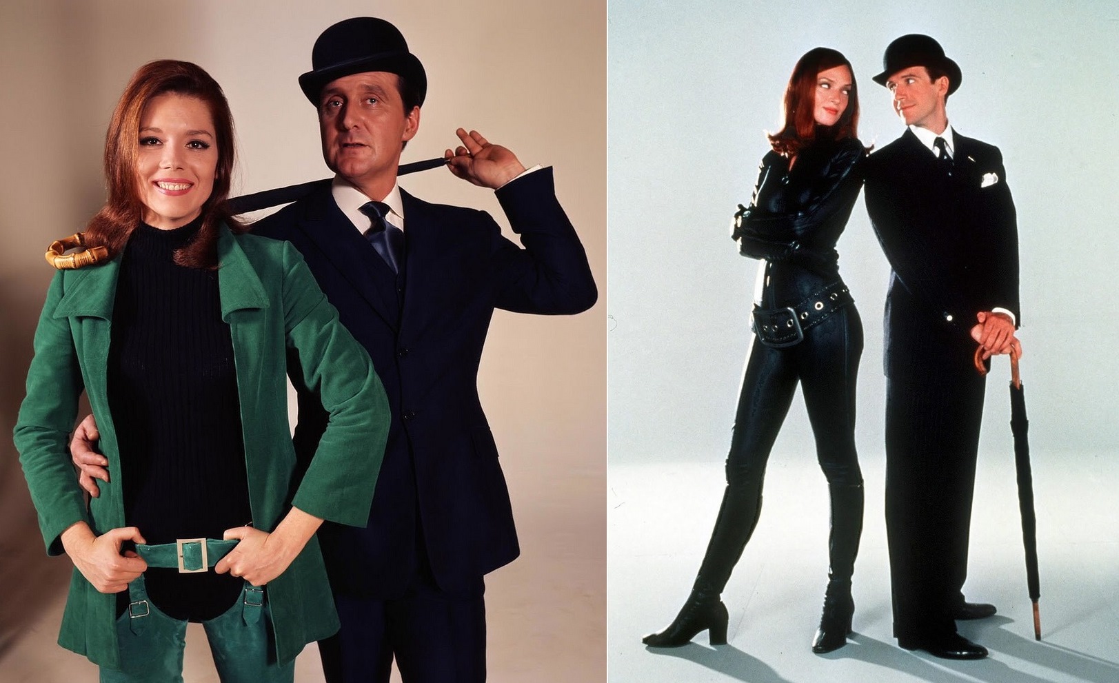 The original Steed and Mrs Peel (Patrick MacNee and Diana Rigg) vs the fim version's Steed and Mrs Peel (Ralph Fiennes and Uma Thurman)