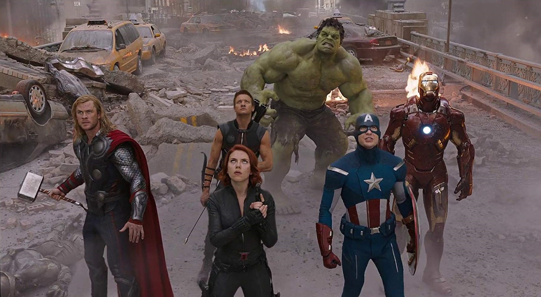 Chris Hemsworth as Thor, Scarlett Johansson as Black Widow, Jeremy Renner as Hawkeye, Mark Ruffalo as The Hulk, Chris Evans as Captain America and Robert Downey Jr as Iron Man in The Avengers (2012)