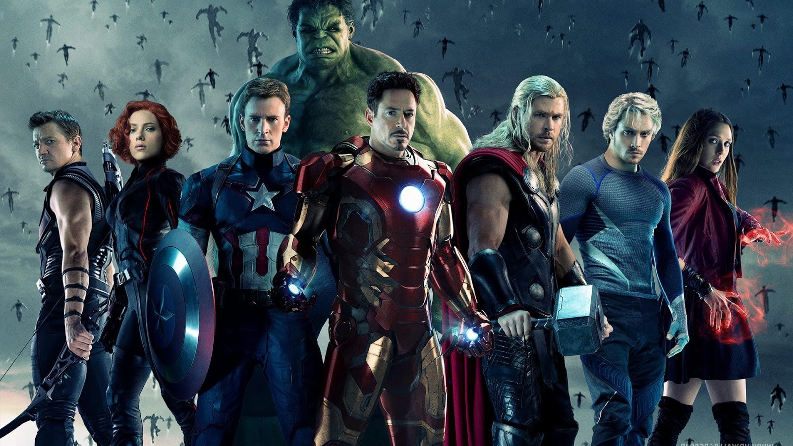 The Avengers line-up - Hawkeye, Black Widow, Captain America, Hulk, Iron Man, Thor, Quicksilver, Scarlet Witch 