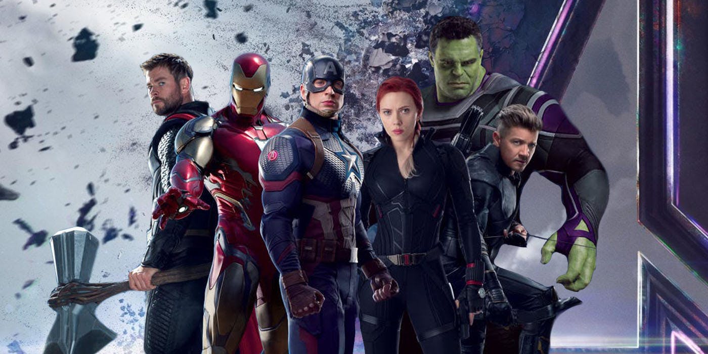 Avengers line-up promotional artwork - (l to r) Thor, Iron Man, Captain America, Black Widow, Hulk and Hawkeye in Avengers: Endgame (2019)