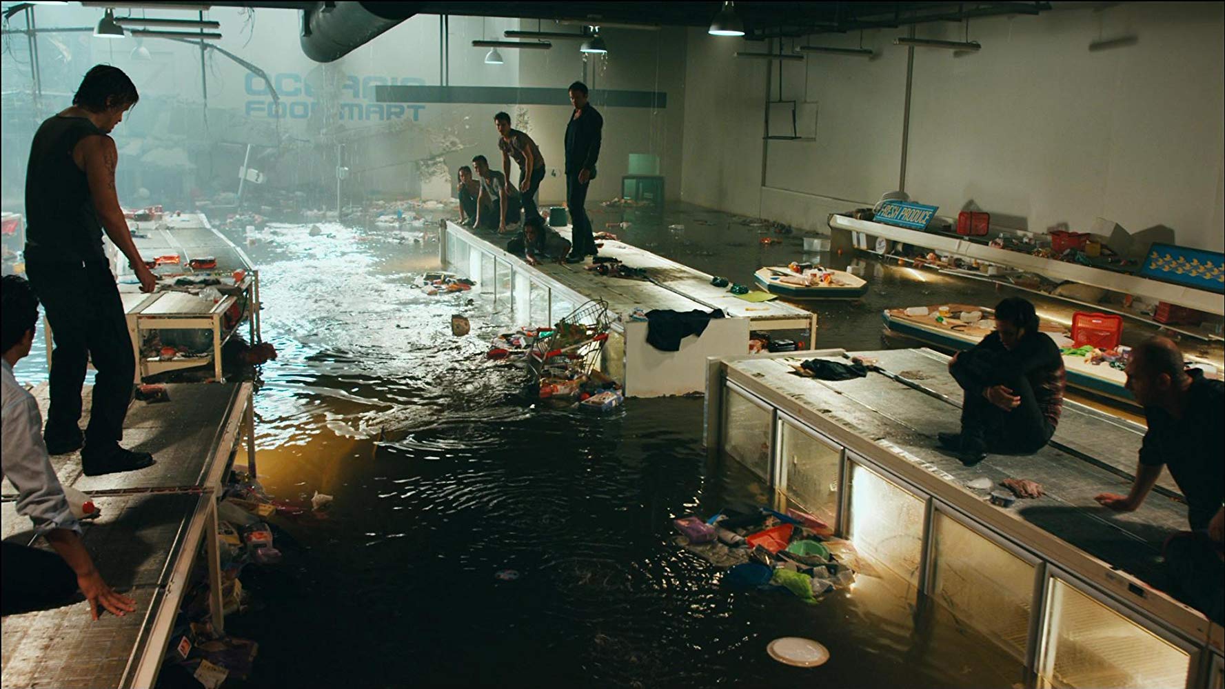 Shark prowling the aisles of a flooded supermarket in Bait (2012)