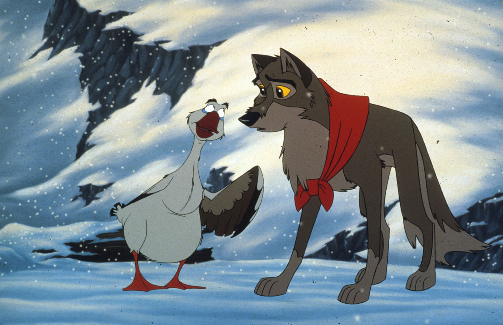 Balto the wolf dog (voiced by Kevin Bacon) with Boris the goose (voiced by Bob Hoskins) in Balto (1995)