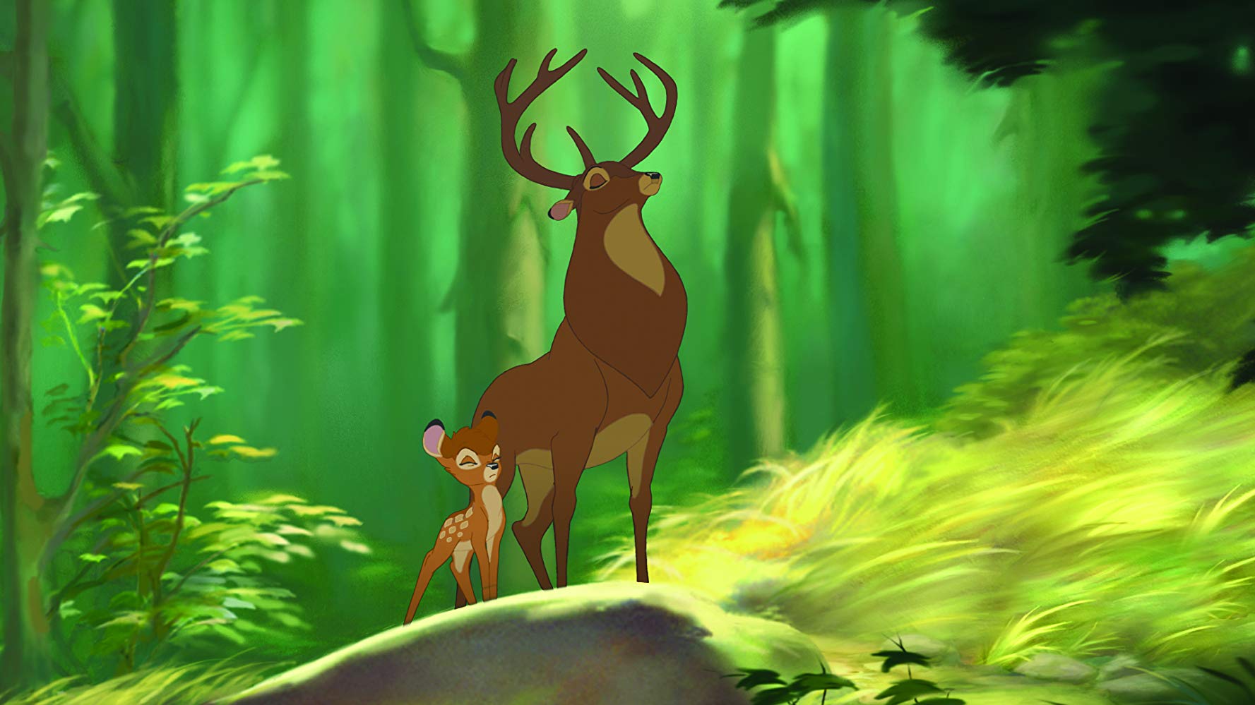 Bambi (voiced by Alexander Gould) with his father (voiced by Patrick Stewart) in Bambi II (2006)