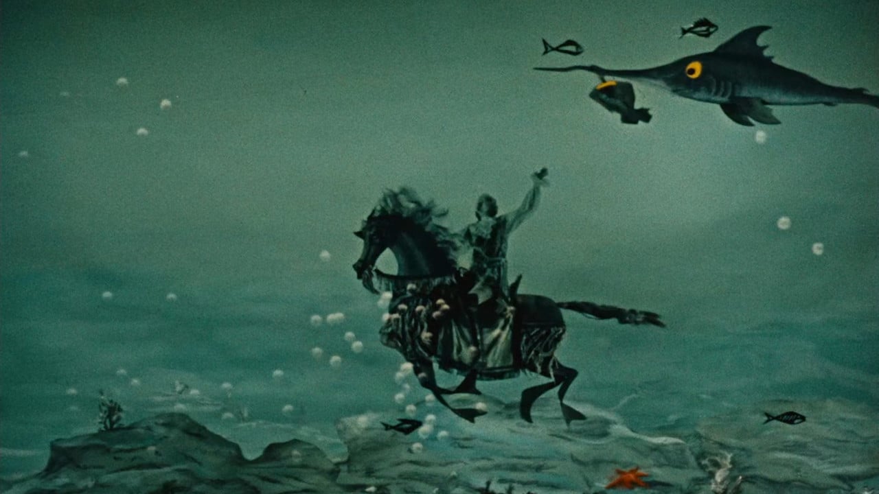 The Baron takes an underwater horse ride in Baron Munchausen (1962)