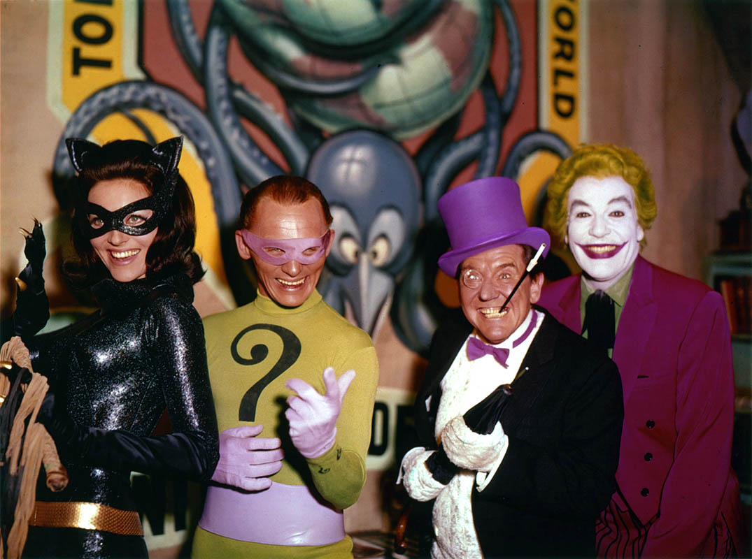 United Underworld - (l to r) Cat Woman (Lee Merriwether), The Riddler (Frank Gorshin), The Penguin (Burgess Meredith) and The Joker (Cesar Romero) in Batman (1966)