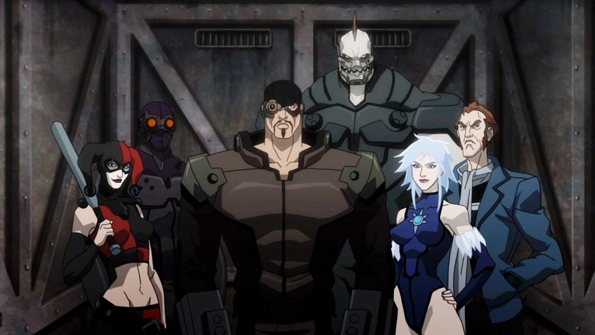 Suicide Squad line-up - Harley Quinn, Black Spider, Deadshot, Killer Shark, Killer Frost and Captain Boomerang in Batman Assault on Arkham (2014)