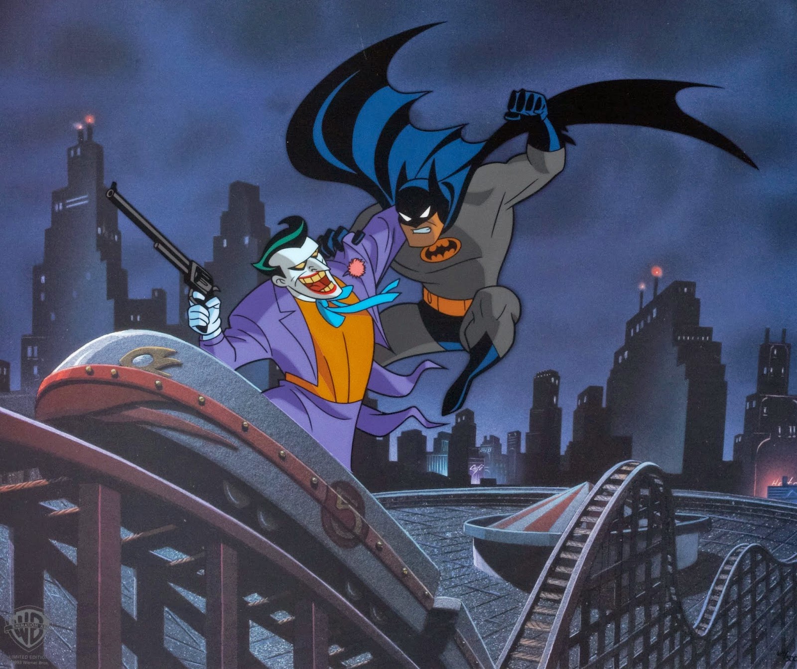 Batman and The Joker (voiced by Mark Hamill) battle in Batman Mask of the Phantasm (1993)