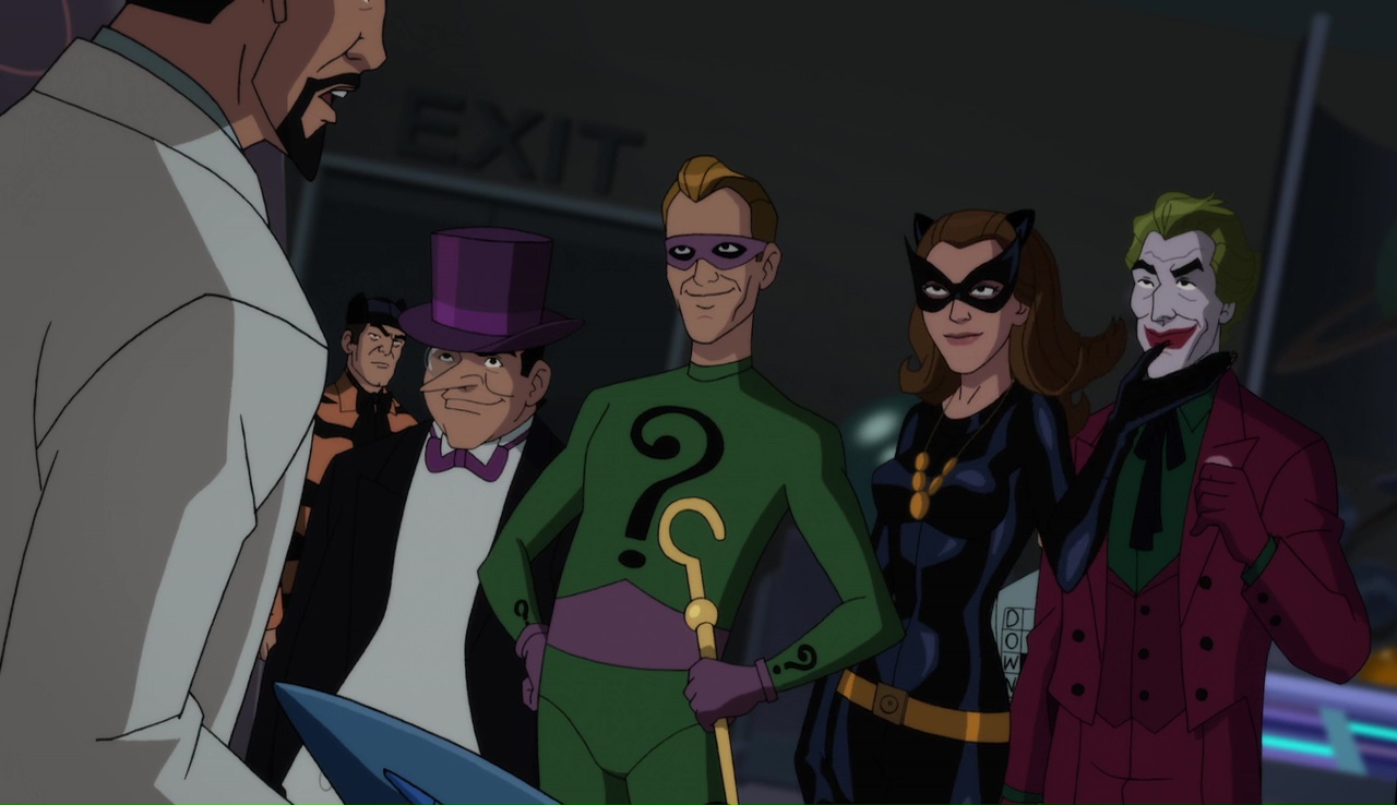 Retro versions of the familiar villains (l to r) The Penguin, The Riddler, Catwoman and The Joker in Batman Return of the Caped Crusaders (2016)