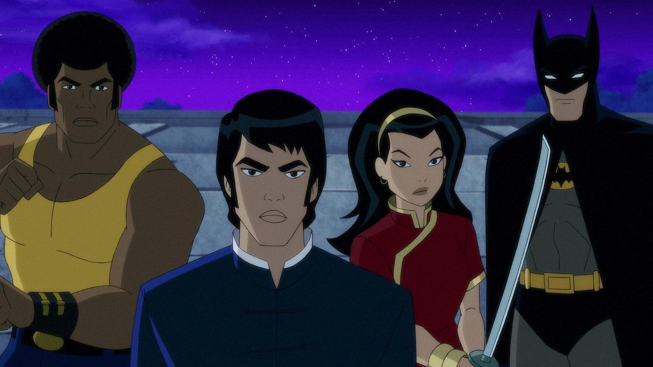 (l to r) Ben Turner (voiced by Michael Jai White), Richard Dragon (voiced by Mark Dacascos), Lady Shiva (voiced by Kelly Hu) and Batman (voiced by David Giuntoli) in Batman: Soul of the Dragon (2021)