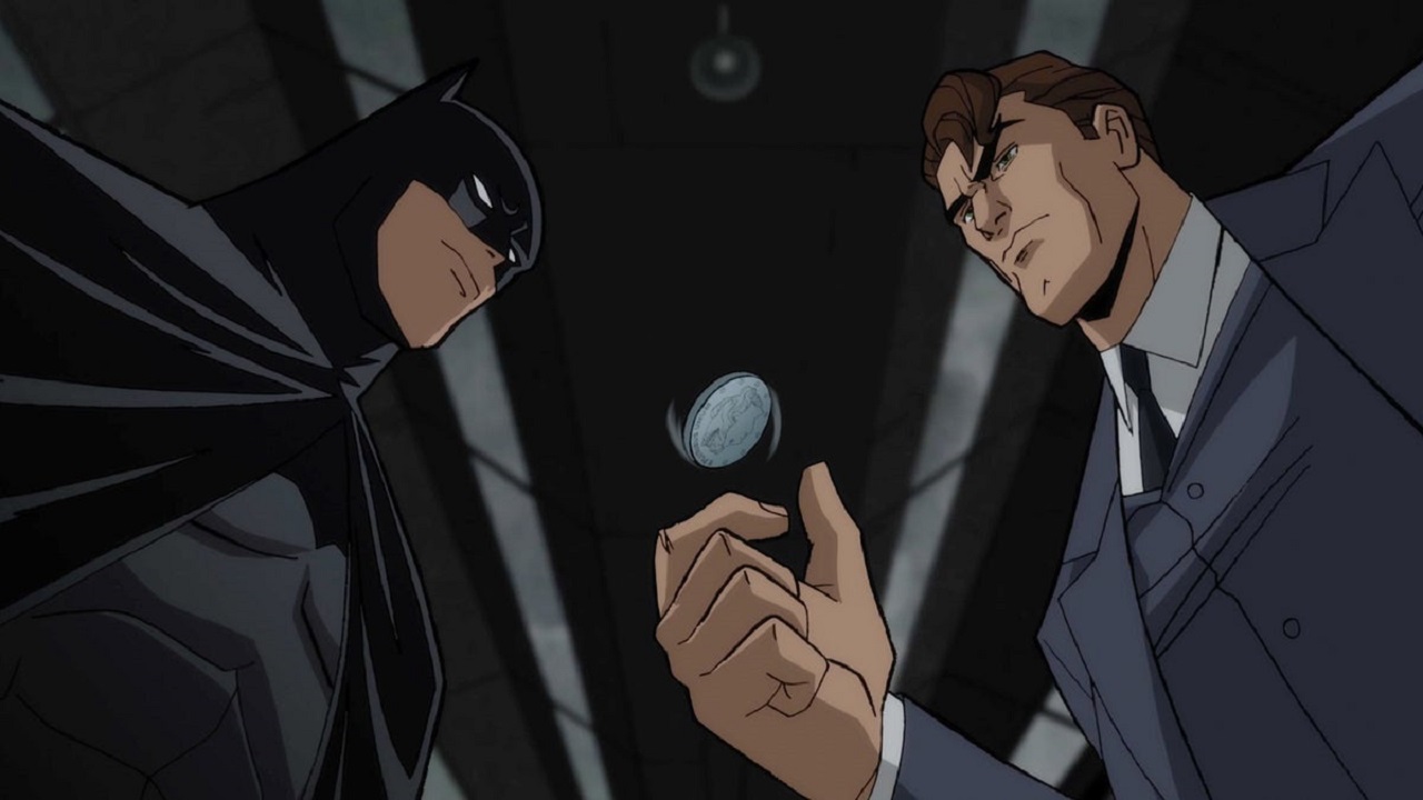 Batman (voiced by Jensen Ackles) and Harvey Dent (voiced by Josh Duhamel) in Batman: The Long Halloween Part One (2021)