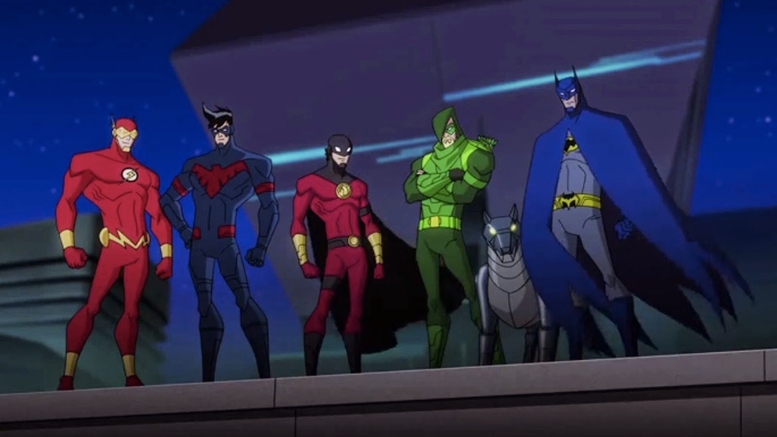 (l to r) The Flash, Nightwing, Red Robin, Green Arrow and Batman in Batman Unlimited: Animal Instincts (2015)